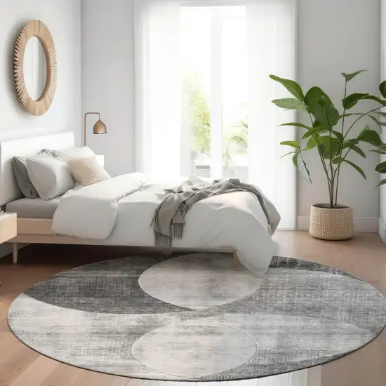 8' Gray And Charcoal Round Geometric Washable Indoor Outdoor Area Rug Photo 8