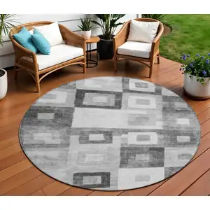 Photo of 8' Gray And Charcoal Round Geometric Washable Indoor Outdoor Area Rug