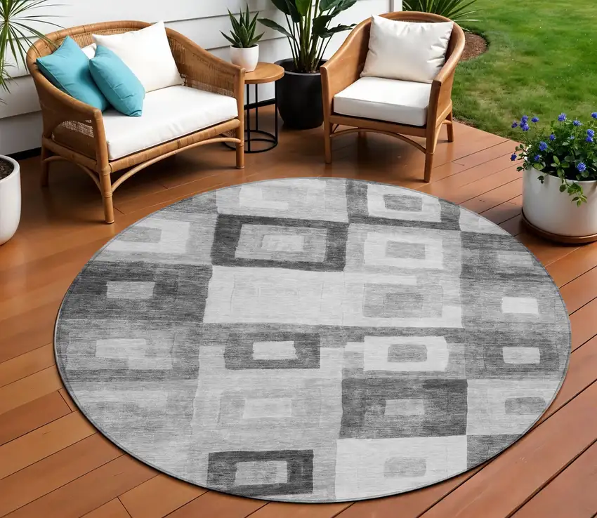 8' Gray And Charcoal Round Geometric Washable Indoor Outdoor Area Rug Photo 1
