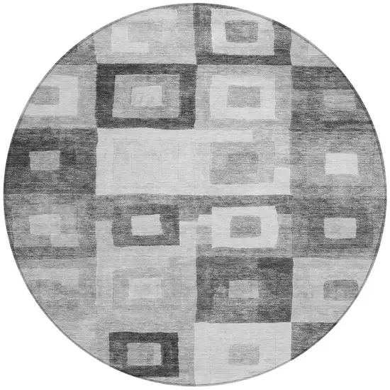 8' Gray And Charcoal Round Geometric Washable Indoor Outdoor Area Rug Photo 6