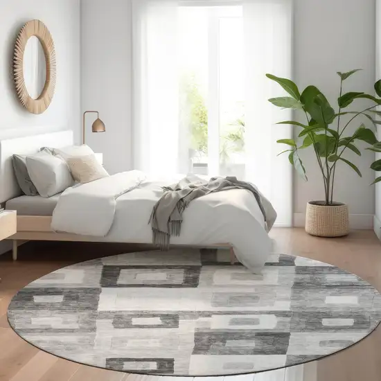 8' Gray And Charcoal Round Geometric Washable Indoor Outdoor Area Rug Photo 8
