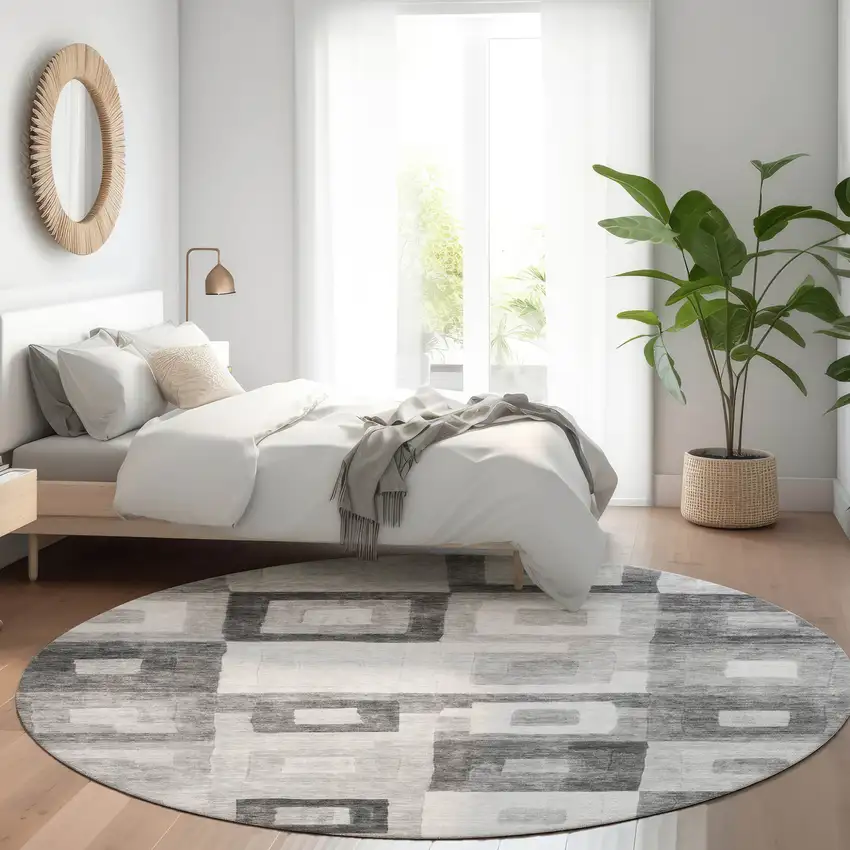8' Gray And Charcoal Round Geometric Washable Indoor Outdoor Area Rug Photo 8