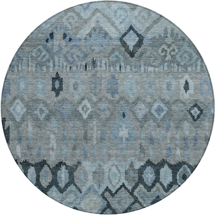 8' Gray And Charcoal Round Geometric Washable Indoor Outdoor Area Rug Photo 2