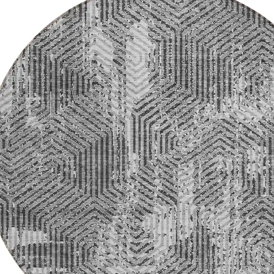 8' Gray And Charcoal Round Geometric Washable Indoor Outdoor Area Rug Photo 4