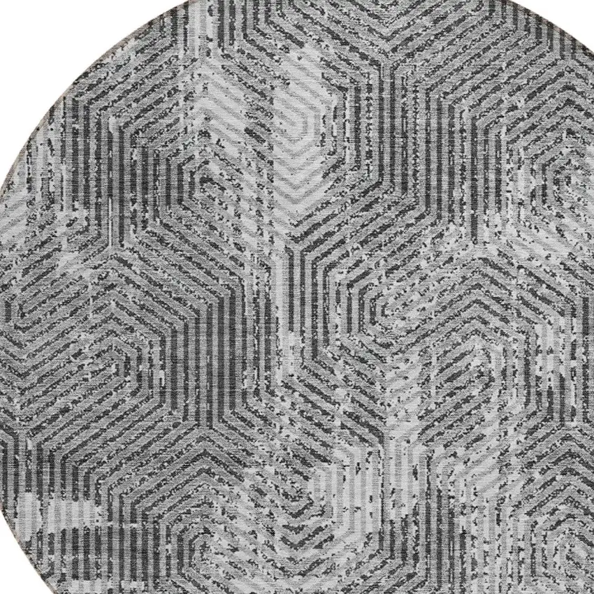 8' Gray And Charcoal Round Geometric Washable Indoor Outdoor Area Rug Photo 4