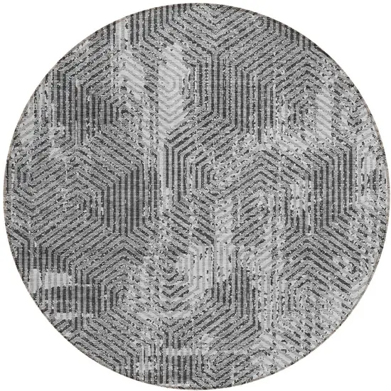 8' Gray And Charcoal Round Geometric Washable Indoor Outdoor Area Rug Photo 5