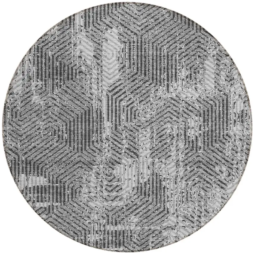 8' Gray And Charcoal Round Geometric Washable Indoor Outdoor Area Rug Photo 5