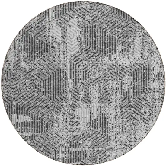 8' Gray And Charcoal Round Geometric Washable Indoor Outdoor Area Rug Photo 2