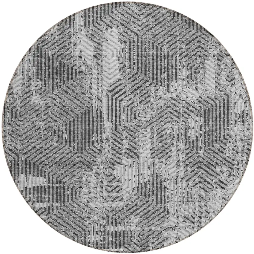 8' Gray And Charcoal Round Geometric Washable Indoor Outdoor Area Rug Photo 2