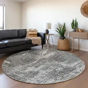 Photo of 8' Gray And Charcoal Round Geometric Washable Indoor Outdoor Area Rug
