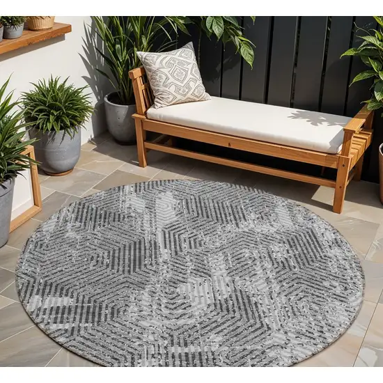 8' Gray And Charcoal Round Geometric Washable Indoor Outdoor Area Rug Photo 1