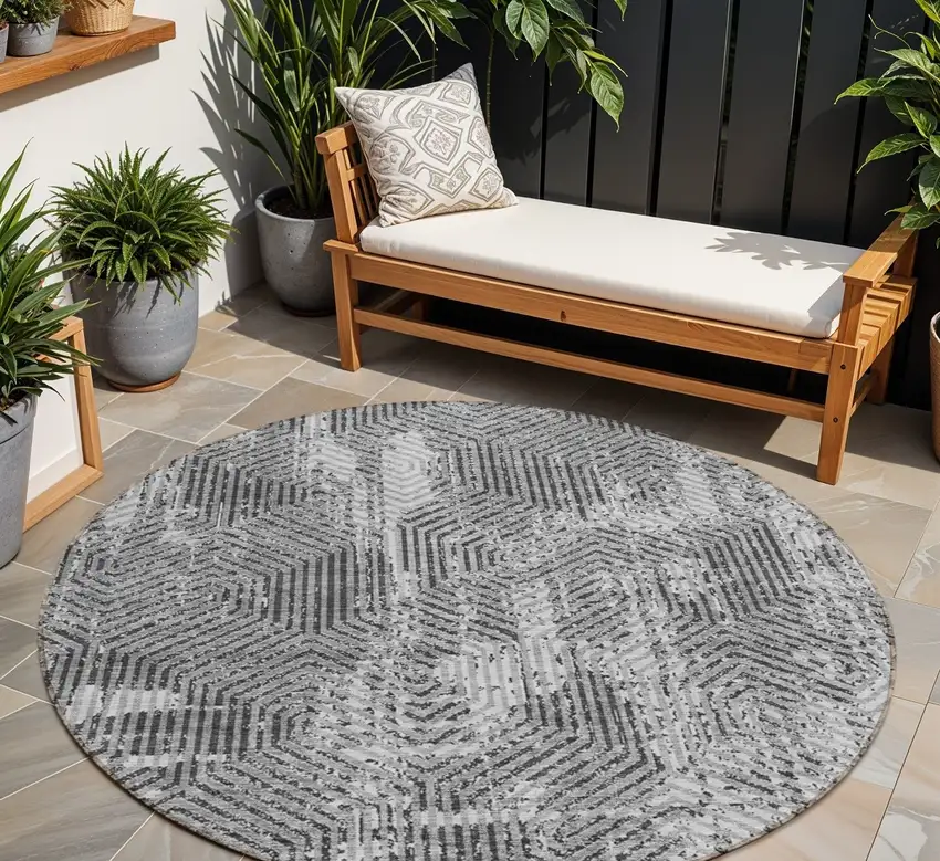 8' Gray And Charcoal Round Geometric Washable Indoor Outdoor Area Rug Photo 1