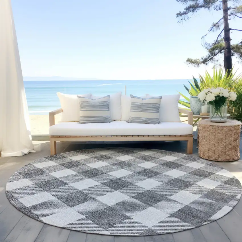 8' Gray And Charcoal Round Plaid Washable Indoor Outdoor Area Rug Photo 6