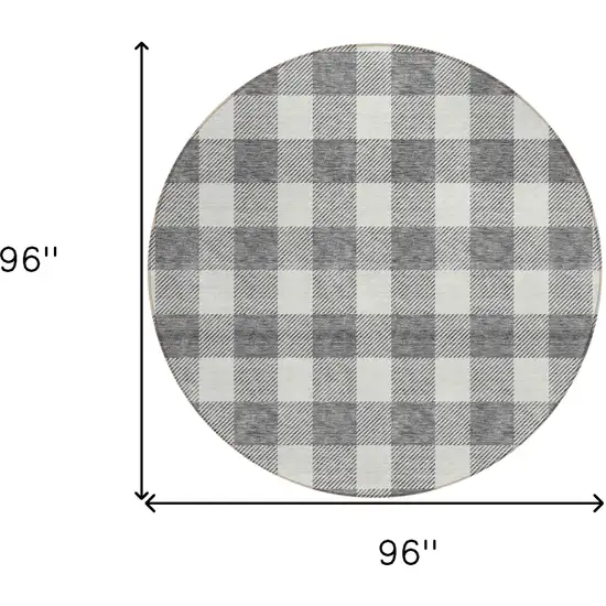 8' Gray And Charcoal Round Plaid Washable Indoor Outdoor Area Rug Photo 3