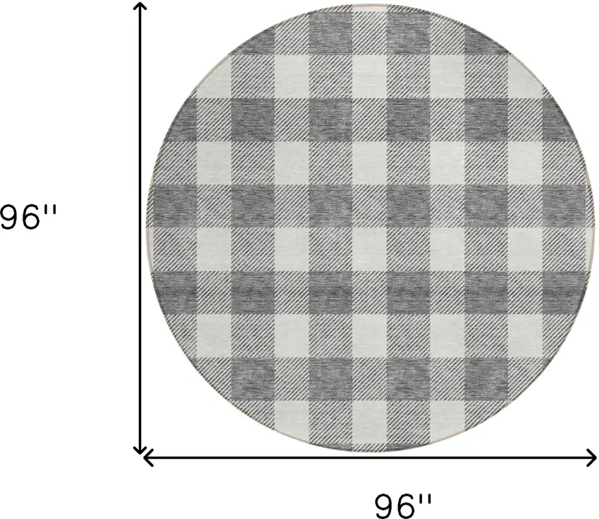 8' Gray And Charcoal Round Plaid Washable Indoor Outdoor Area Rug Photo 3