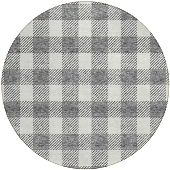 8' Gray And Charcoal Round Plaid Washable Indoor Outdoor Area Rug Photo 2