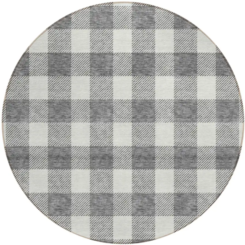 8' Gray And Charcoal Round Plaid Washable Indoor Outdoor Area Rug Photo 2