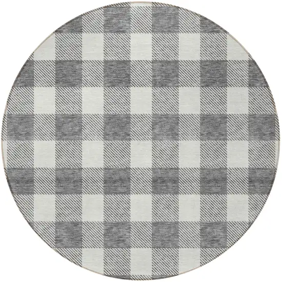 8' Gray And Charcoal Round Plaid Washable Indoor Outdoor Area Rug Photo 5