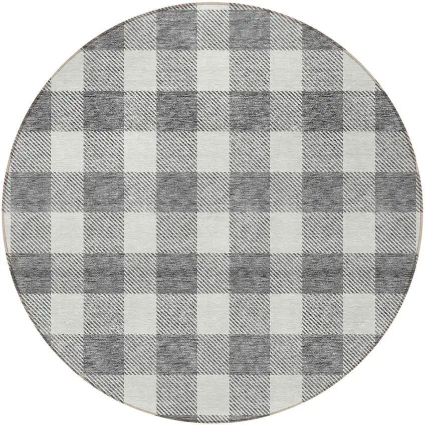 8' Gray And Charcoal Round Plaid Washable Indoor Outdoor Area Rug Photo 5