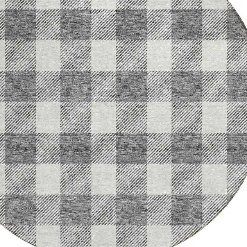 8' Gray And Charcoal Round Plaid Washable Indoor Outdoor Area Rug Photo 4