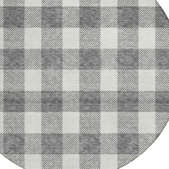 8' Gray And Charcoal Round Plaid Washable Indoor Outdoor Area Rug Photo 4