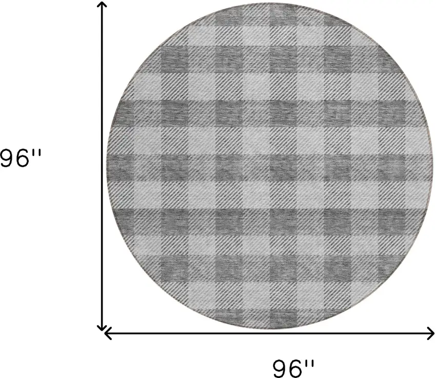 8' Gray And Charcoal Round Plaid Washable Indoor Outdoor Area Rug Photo 3