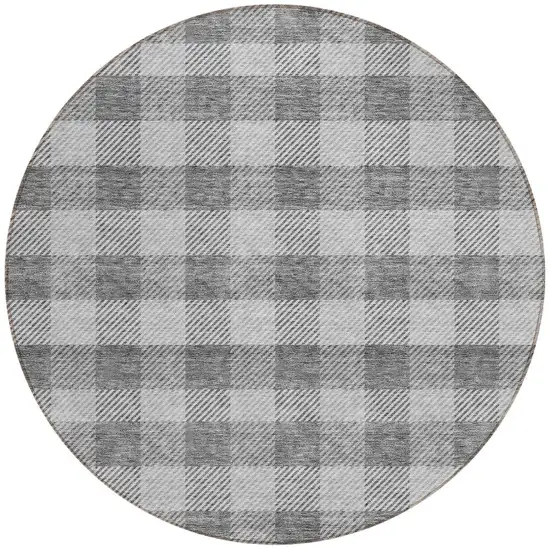 8' Gray And Charcoal Round Plaid Washable Indoor Outdoor Area Rug Photo 5