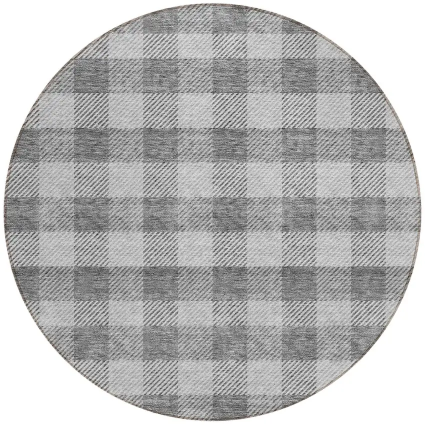 8' Gray And Charcoal Round Plaid Washable Indoor Outdoor Area Rug Photo 5