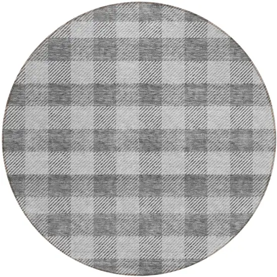 8' Gray And Charcoal Round Plaid Washable Indoor Outdoor Area Rug Photo 2