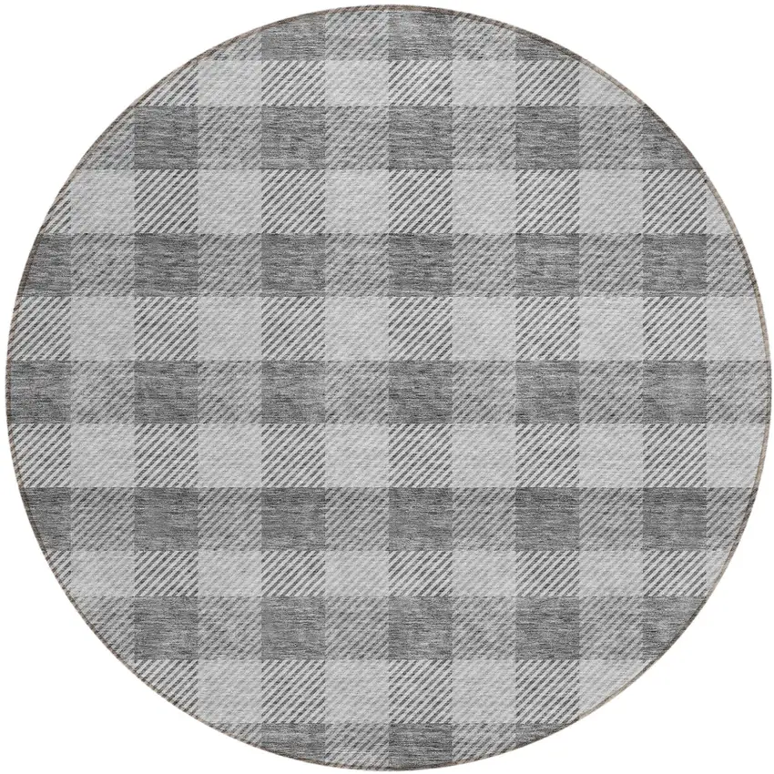 8' Gray And Charcoal Round Plaid Washable Indoor Outdoor Area Rug Photo 2