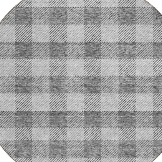 8' Gray And Charcoal Round Plaid Washable Indoor Outdoor Area Rug Photo 4