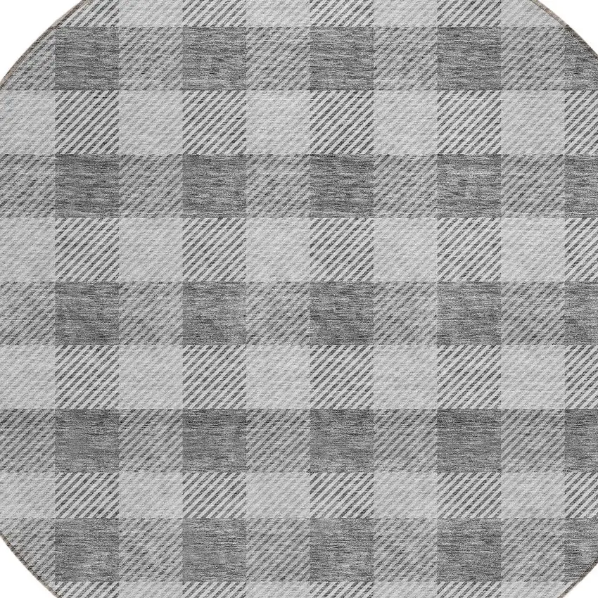 8' Gray And Charcoal Round Plaid Washable Indoor Outdoor Area Rug Photo 4