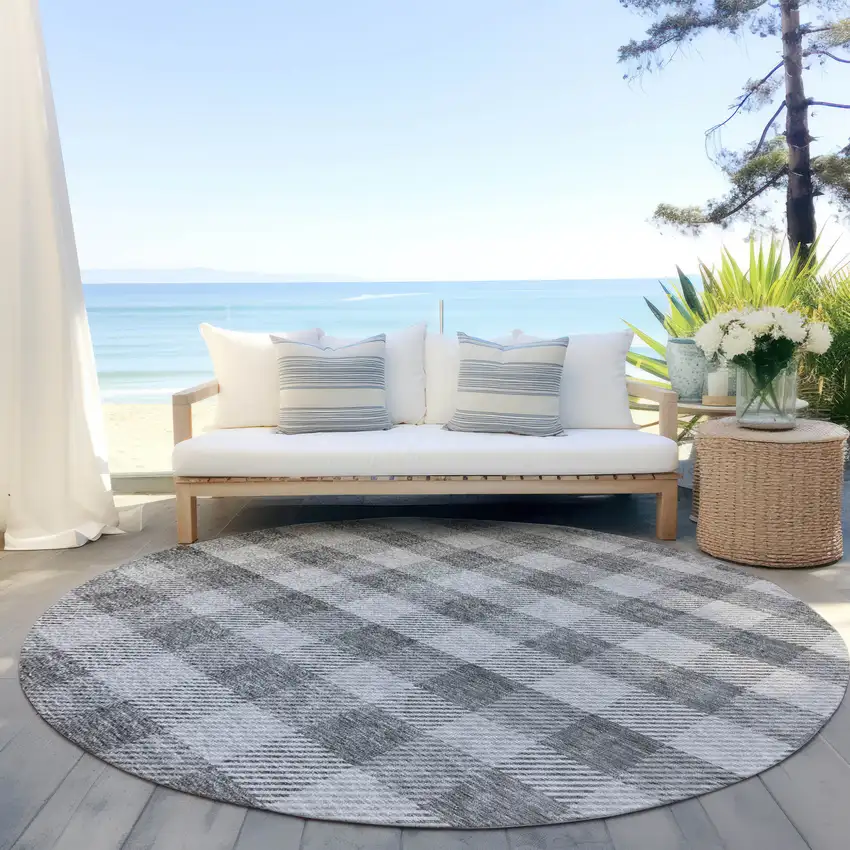 8' Gray And Charcoal Round Plaid Washable Indoor Outdoor Area Rug Photo 6