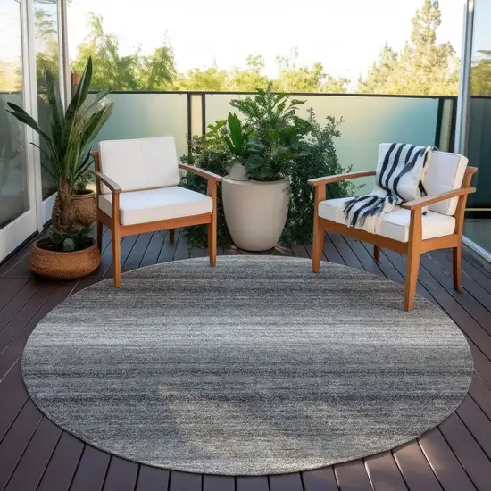 8' Gray And Charcoal Round Striped Washable Indoor Outdoor Area Rug Photo 5