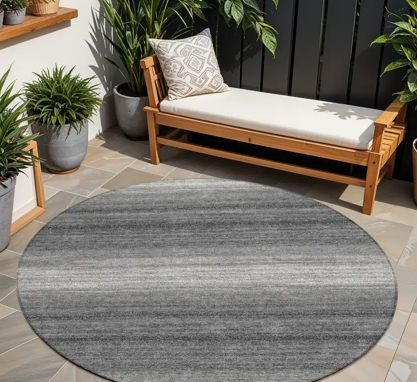 8' Gray And Charcoal Round Striped Washable Indoor Outdoor Area Rug Photo 1