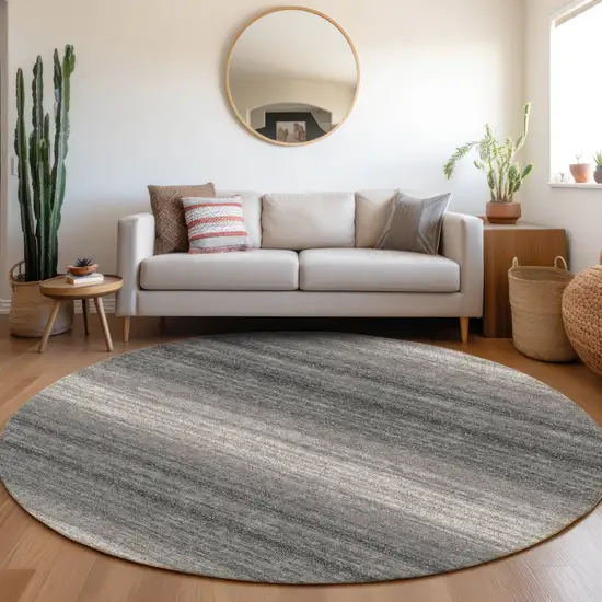 8' Gray And Charcoal Round Striped Washable Indoor Outdoor Area Rug Photo 6