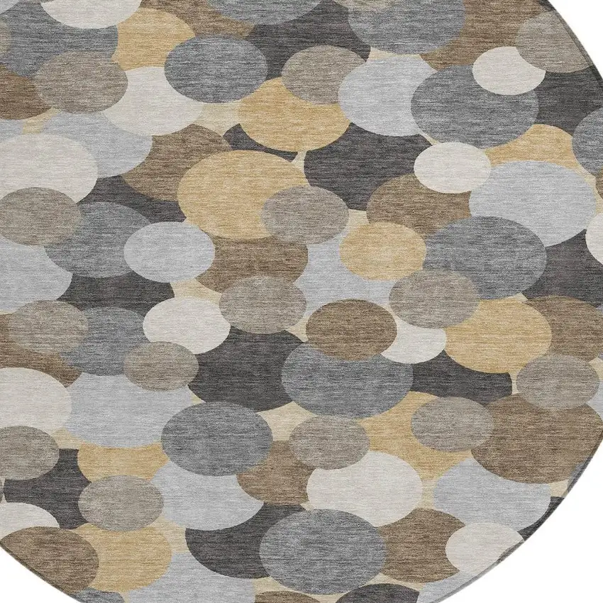 8' Gray And Chocolate Round Geometric Washable Indoor Outdoor Area Rug Photo 2