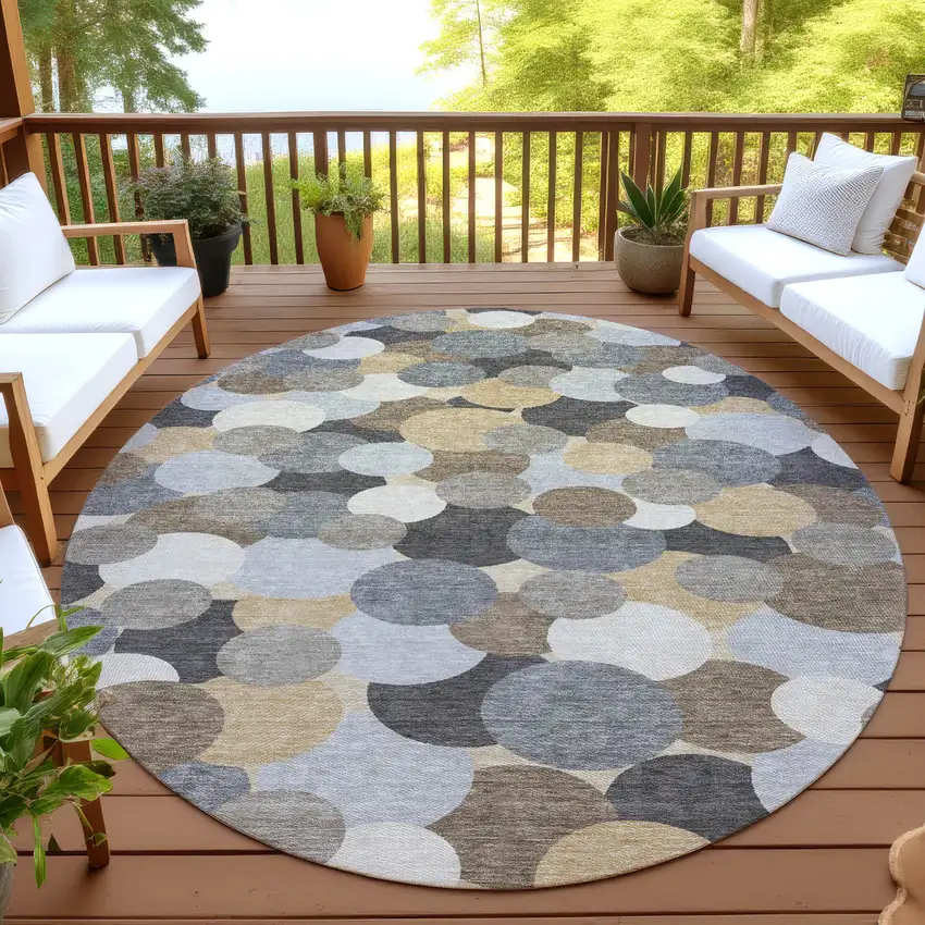 8' Gray And Chocolate Round Geometric Washable Indoor Outdoor Area Rug Photo 4