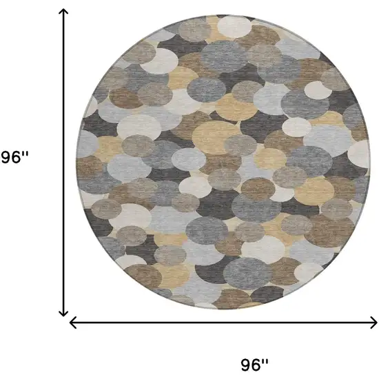 8' Gray And Chocolate Round Geometric Washable Indoor Outdoor Area Rug Photo 8