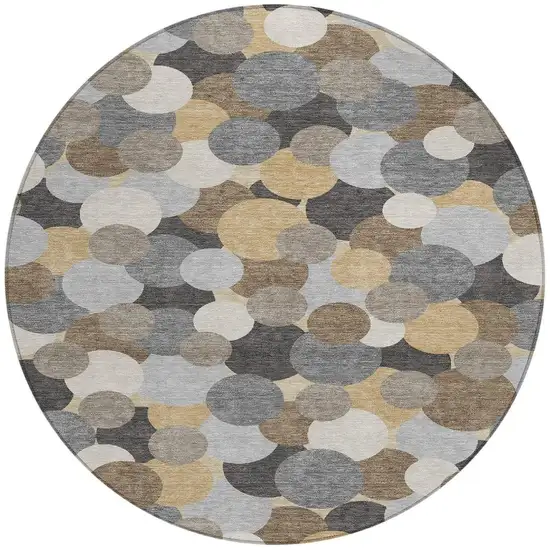 8' Gray And Chocolate Round Geometric Washable Indoor Outdoor Area Rug Photo 3