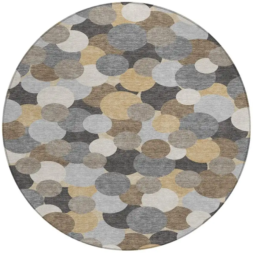 8' Gray And Chocolate Round Geometric Washable Indoor Outdoor Area Rug Photo 3