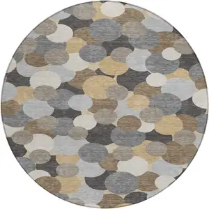 Photo of 8' Gray And Chocolate Round Geometric Washable Indoor Outdoor Area Rug