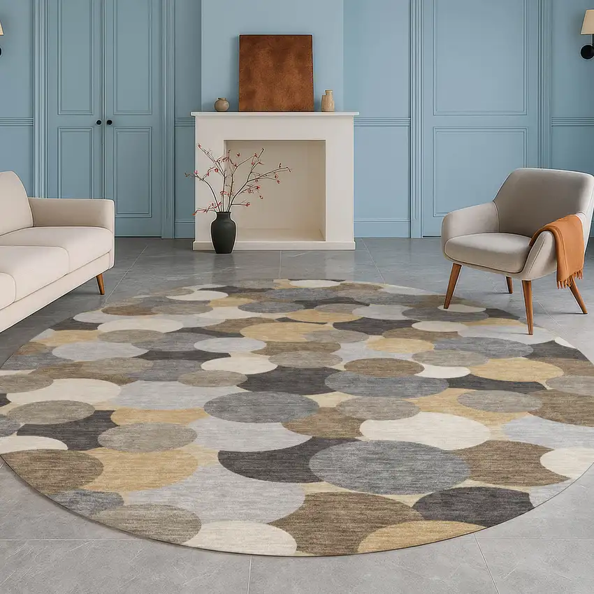 8' Gray And Chocolate Round Geometric Washable Indoor Outdoor Area Rug Photo 5