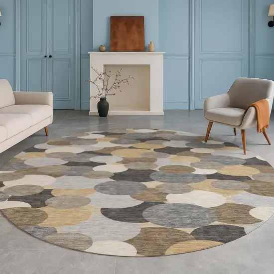 8' Gray And Chocolate Round Geometric Washable Indoor Outdoor Area Rug Photo 5