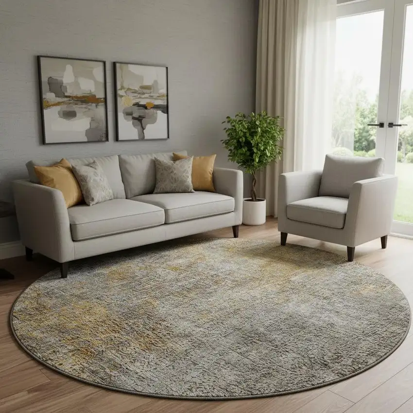 8' Gray And Copper Abstract Washable Round Rug With UV Protection Photo 1