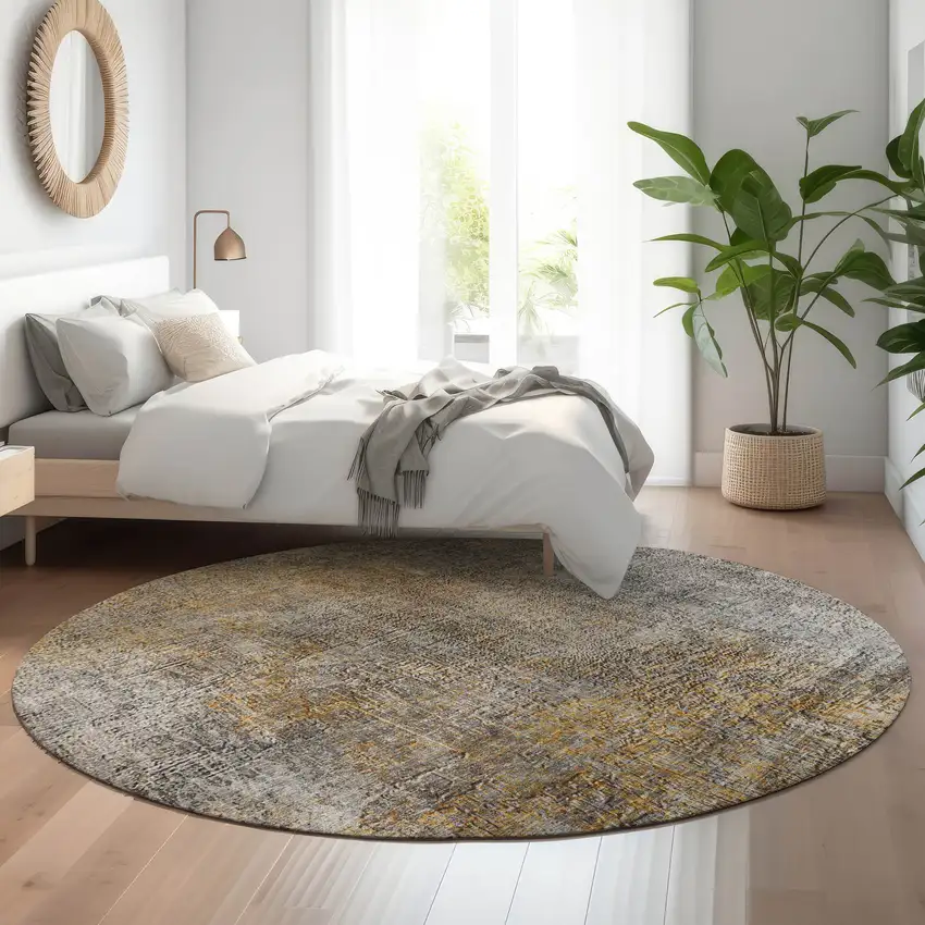 8' Gray And Copper Abstract Washable Round Rug With UV Protection Photo 4