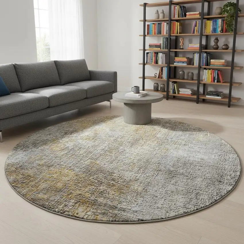 8' Gray And Copper Abstract Washable Round Rug With UV Protection Photo 2