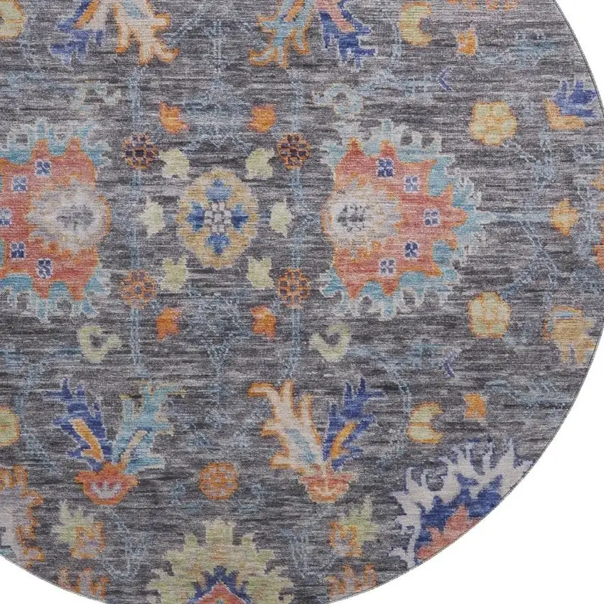 8' Gray And Copper Oriental Washable Round Rug With UV Protection Photo 3