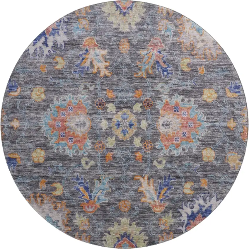 8' Gray And Copper Oriental Washable Round Rug With UV Protection Photo 1