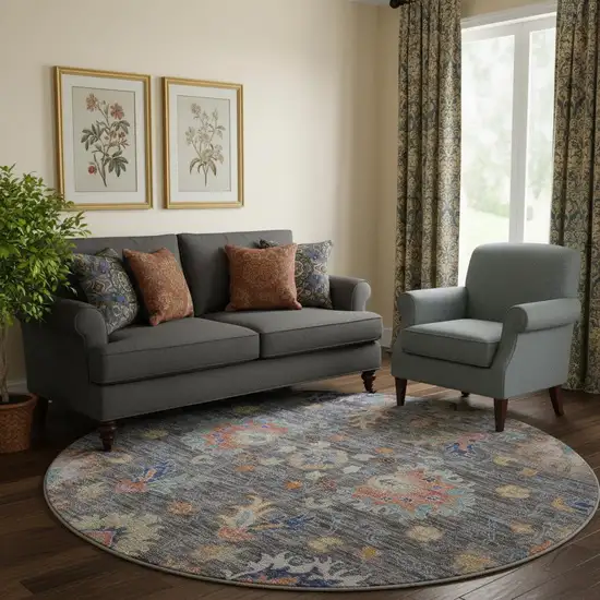 8' Gray And Copper Oriental Washable Round Rug With UV Protection Photo 1